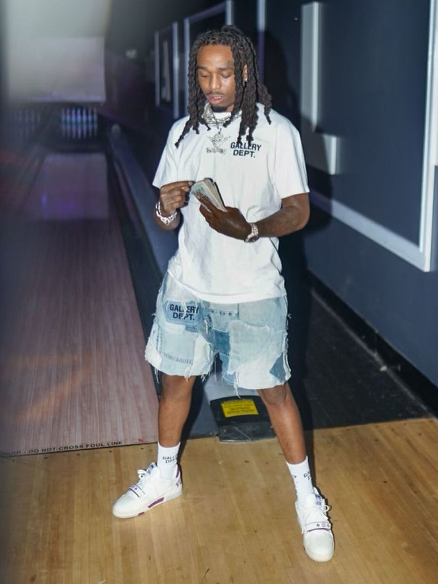 Quavo Wearing a Gallery Dept Tee & Shorts With Louis Vuitton Sneakers