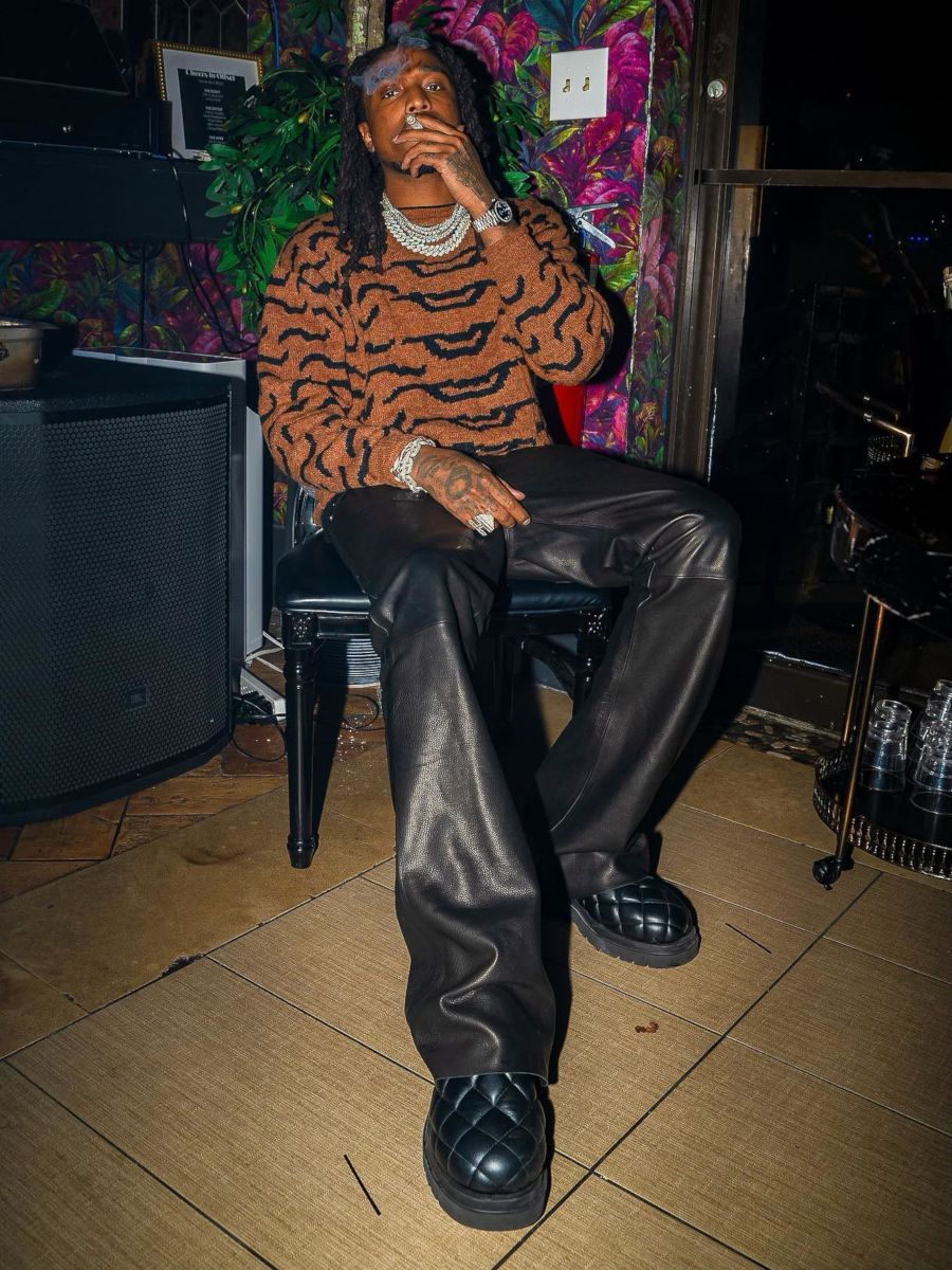 Quavo Wearing a KAPITAL Tiger Sweater With Bottega Veneta Shoes