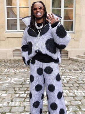 Quavo Wearing An Orange Sunglasses With A Marni White Polka Dot Mohair Puffer Jacket And Pants