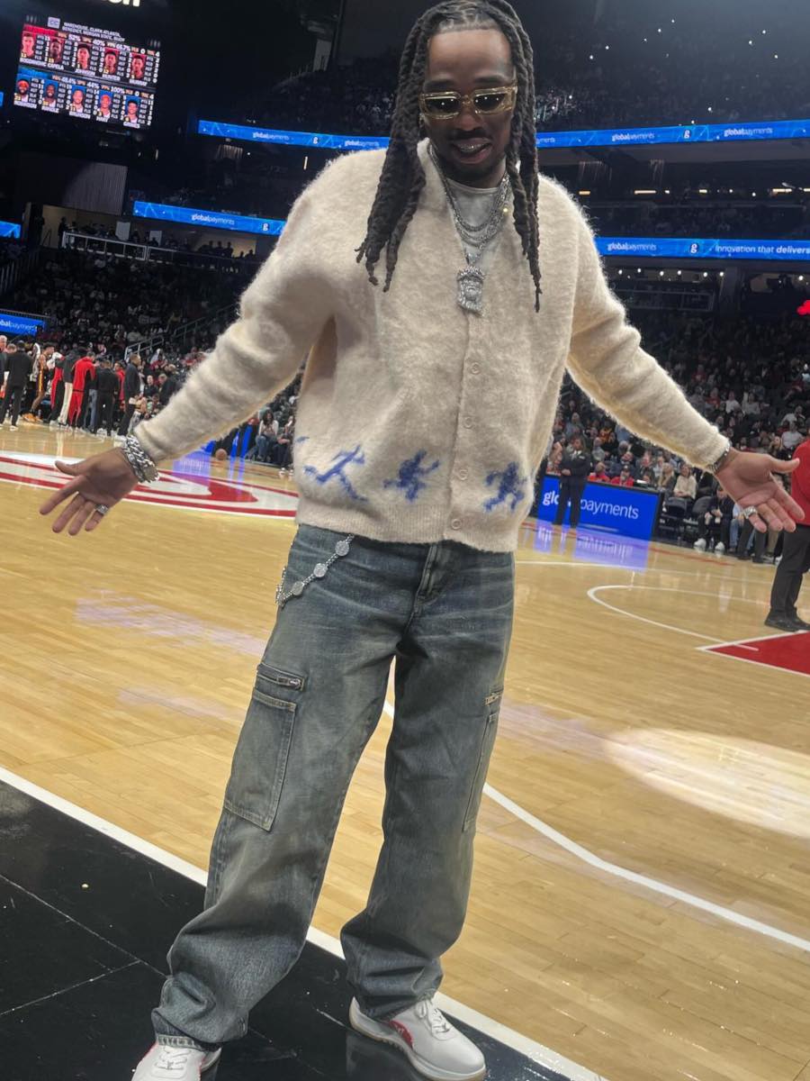 Quavo: Running Man Cardigan, Baggy Cargo Jeans, & LV x Supreme Sneakers