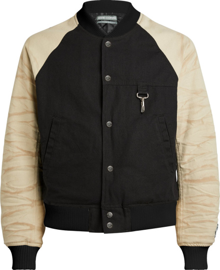 Reese Cooper Black And White Distressed Canvas Bomber Jacket