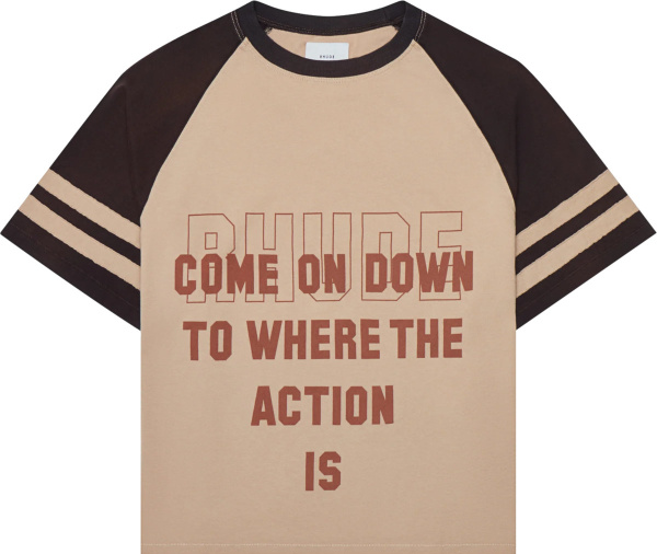 Rhude Beige And Brown Come On Down To Where The Action Is Logo T Shirt