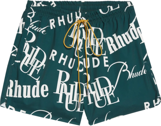 Rhude Dark Green Allover Logo Print Swim Shorts