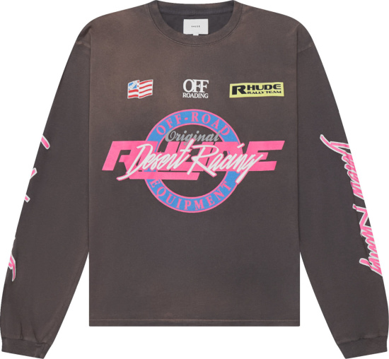 Rhude Dark Grey And Neon Pink Racing Logo Long Sleeve T Shirt