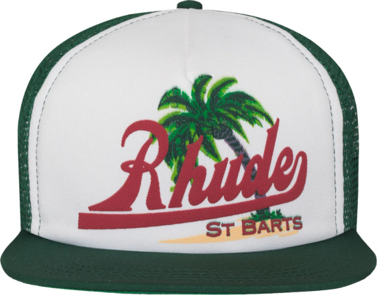 Rhude Green And White Palm Tree Logo Trucker Hat