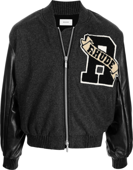 Rhude Grey And Black R Logo Patch Varsity Jacket