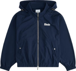 Rhude Navy Blue Hooded Palms Logo Windbreaker Jacket
