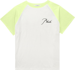 Rhude White And Neon Yellow Sleeve Logo Baseball T Shirt