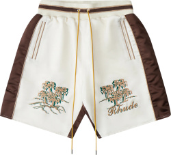 Rhude White Brown Satin Palm Logo Shorts