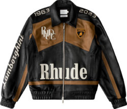 Rhude X Lamborghini Black And Brown Leather Jacket