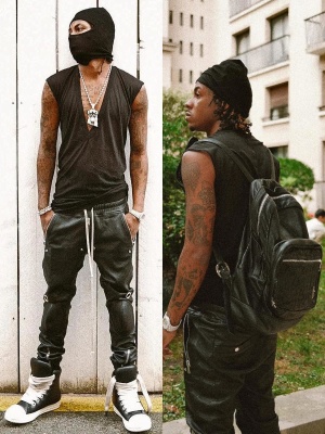 Rich The Kid Wearing A Chrome Hearts Backpack With A Rick Owens Tank Top Leather Pants And Sneakers