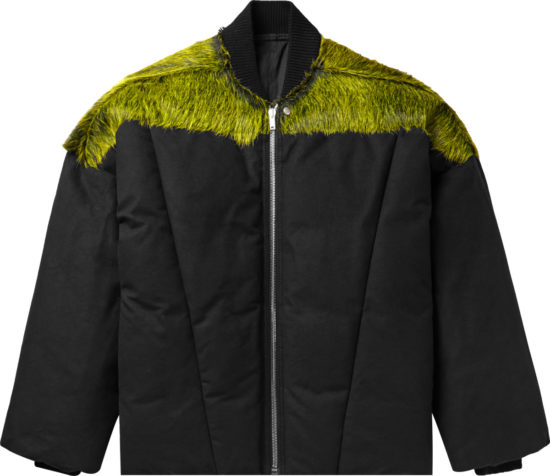 Rick Owens Black And Green Fur Panel Padded Flight Jacket