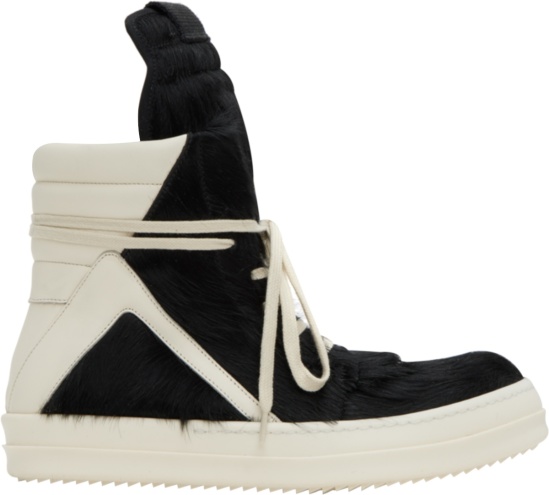 Rick Owens Black Fur And White Leather Geobasket Sneakers