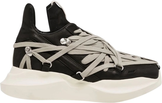 Rick Owens Black Leather Allover Mega Lace Runner Sneakers