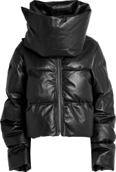 Rick Owens Black Leather Funnel Wrap Collar Down Jacket