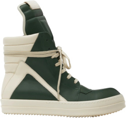 Rick Owens Green And White Geobasket Sneakers