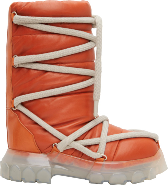 Rick Owens Orange Padded Leather Meglace Tractor Moon Boots