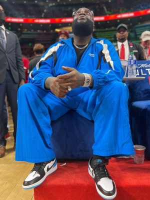 Rick Ross Wearing A Balenciaga 3b Sports Icon Tracksuit With Jordan 1 Sneakers