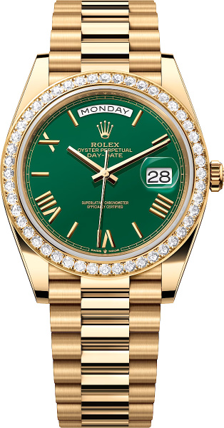 Rolex Yellow Gold Diamond Bezel And Green Day Date Watch M228348rbr