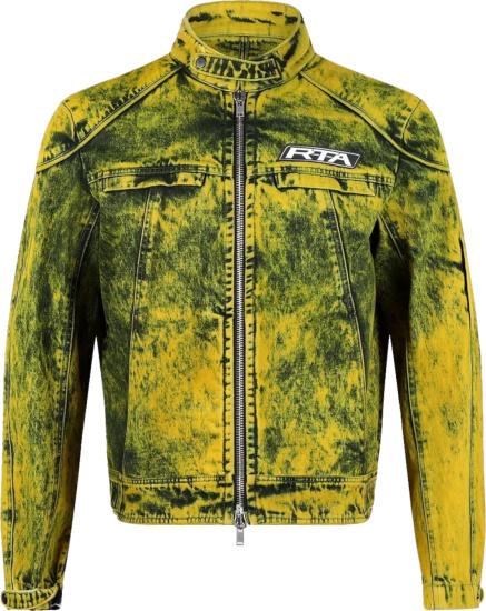 Rta Yellow Black Acid Wash Denim Moto Jacket