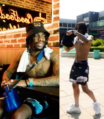 Russ Millions Wearing A Dolce Bucket Hat With A Louis Vuitton Bag Jordan Shorts And Lanvin Sneakers