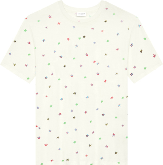 Saint Laurent Ivory And Multicolor Star Print T Shirt