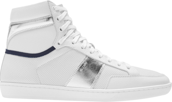 Saint Laurent White And Silver Classic Court High Top Sneakers