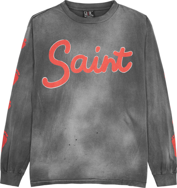 Saint Mxxxxxx Dark Grey And Red Feet Logo Print Long Sleeve T Shirt