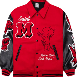 Saint Mxxxxxx Red And Black Devil Patch Varsity Jacket