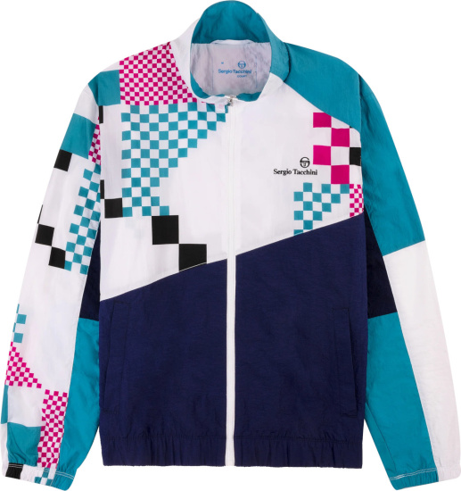 Sergio Tacchini White Pink Teal And Navy Colorblock Checkered Vento Track Jacket