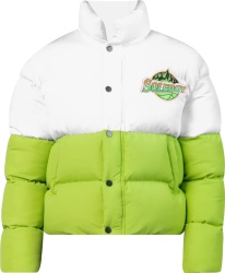 White & Lime Green Mountain Logo Puffer Jacket