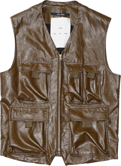 Song For The Mute Brown Shiny Crinkled Faux Leather Cargo Pocket Vest