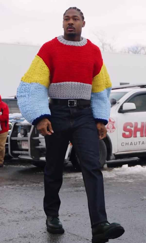 Stefon Diggs: Colorblock Puffy Sweater, Hermes Belt, & Bottega Boots