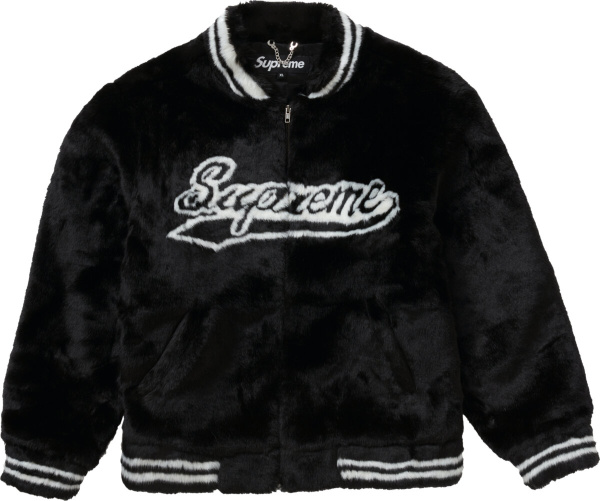 Supreme Black Faux Fur Varsity Jacket