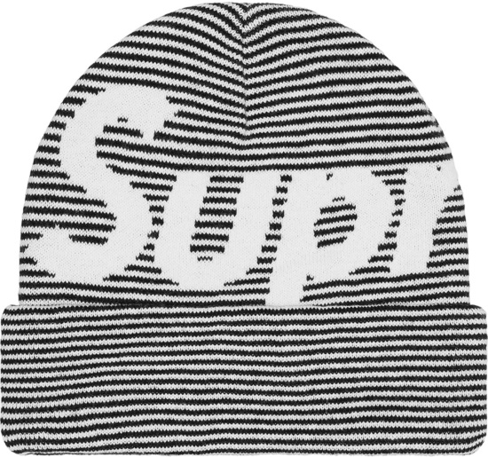 Supreme Black White Striped Big Logo Beanie Fw22