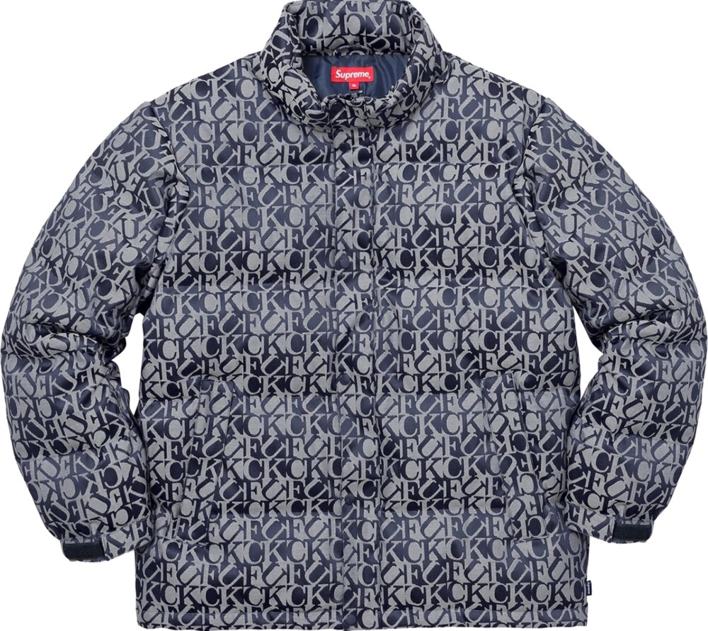 Supreme Fuck Jacquard Navy Puffer Jacket | Incorporated Style