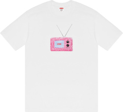 Supreme White And Pink Fuzzy Tv Logo T Shirt