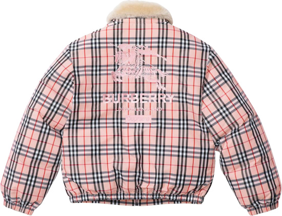 Supreme X Burberry Pink Check Print And Shearling Collar Down Jacket