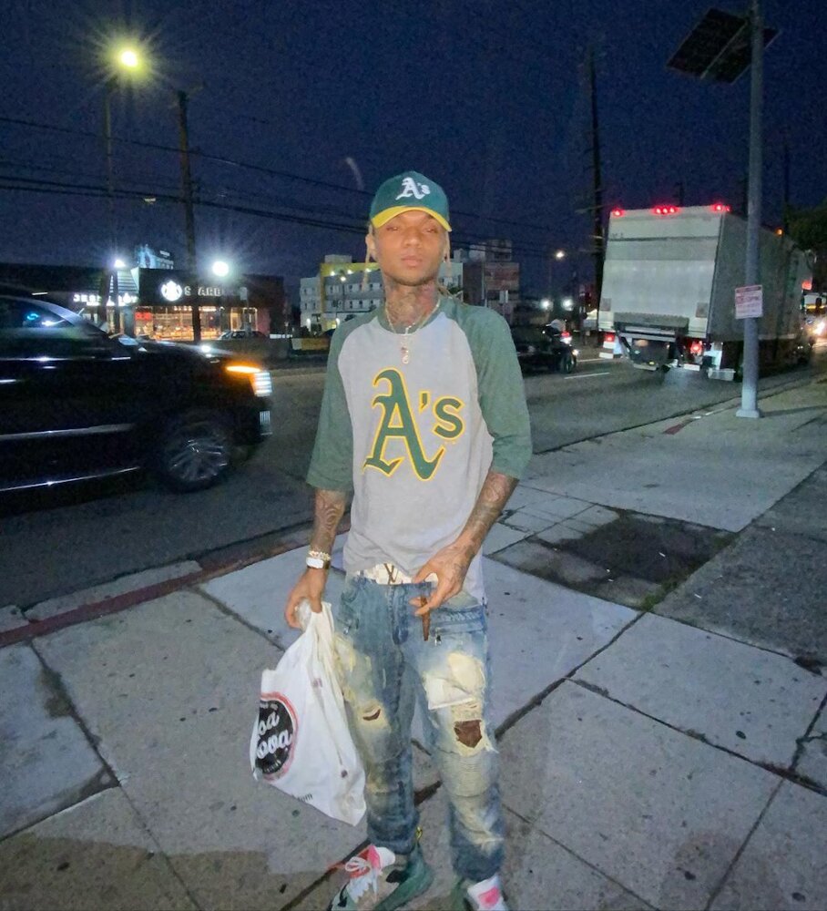 Swae Lee Leaves The Studio In Oakland A's Gear, LV, & Off-White