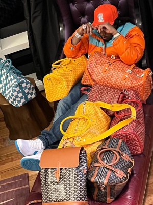 Takeoff Shows Off His Goyard Bag Collection In A Tnf Orange Puffer And Nike Dunk Sneakers