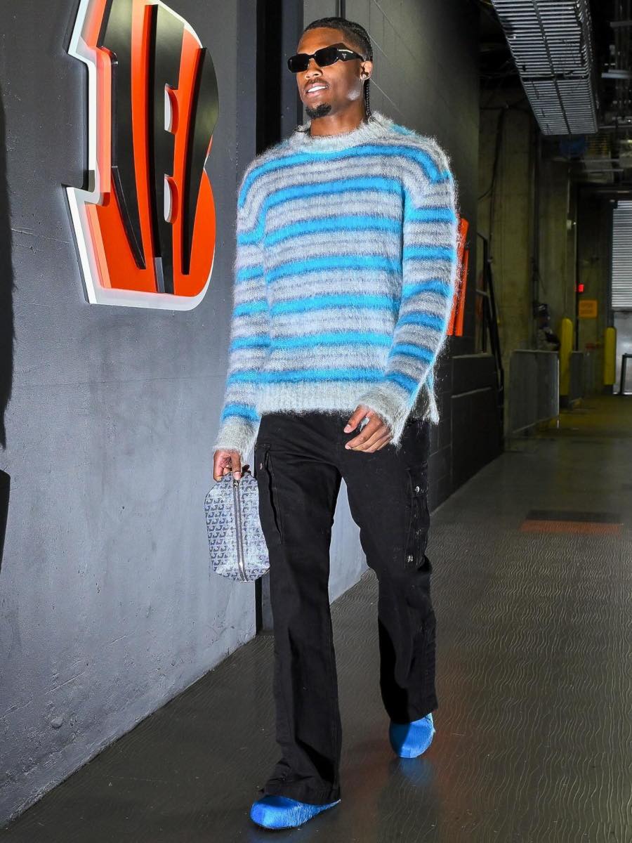 Tee Higgins: Striped Mohair Sweater, Amiri Cargo Pants, & Blue Fur Slip-Ons
