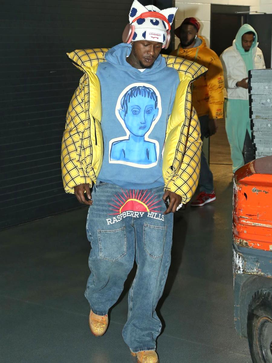 Terry Rozier: Yellow Check Puffer, Raspberry Hills Jeans & Paint Splatter Boots