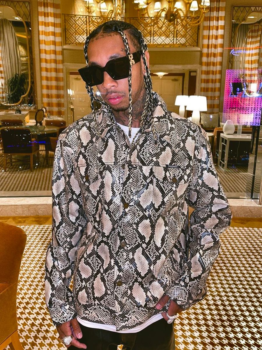 Tyga Wearing a Noon Goons, & Off-White Snakeskin Outfit
