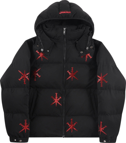 Unknown Black And Red Rhinestone Dagger Puffer Jacket