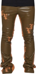 Valabasas Brown And Light Brown V Patch Denim Stacked Faux Leather Pants