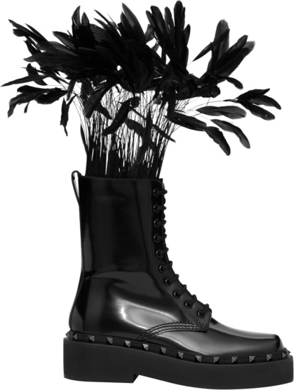 Valentino Rockstud M Way Combat Boot In Calfskin With Feathers