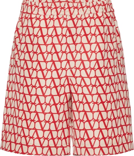 Valentino Beige And Allover Red Vlogo Shorts