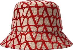 Valentino Beige And Red Allover Vlogo Bucket Hat