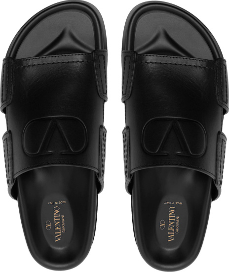 Valentino Black Leather Logo Embossed Slides