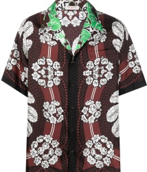 Valentino Brown Black White And Green Floral Silk Shirt